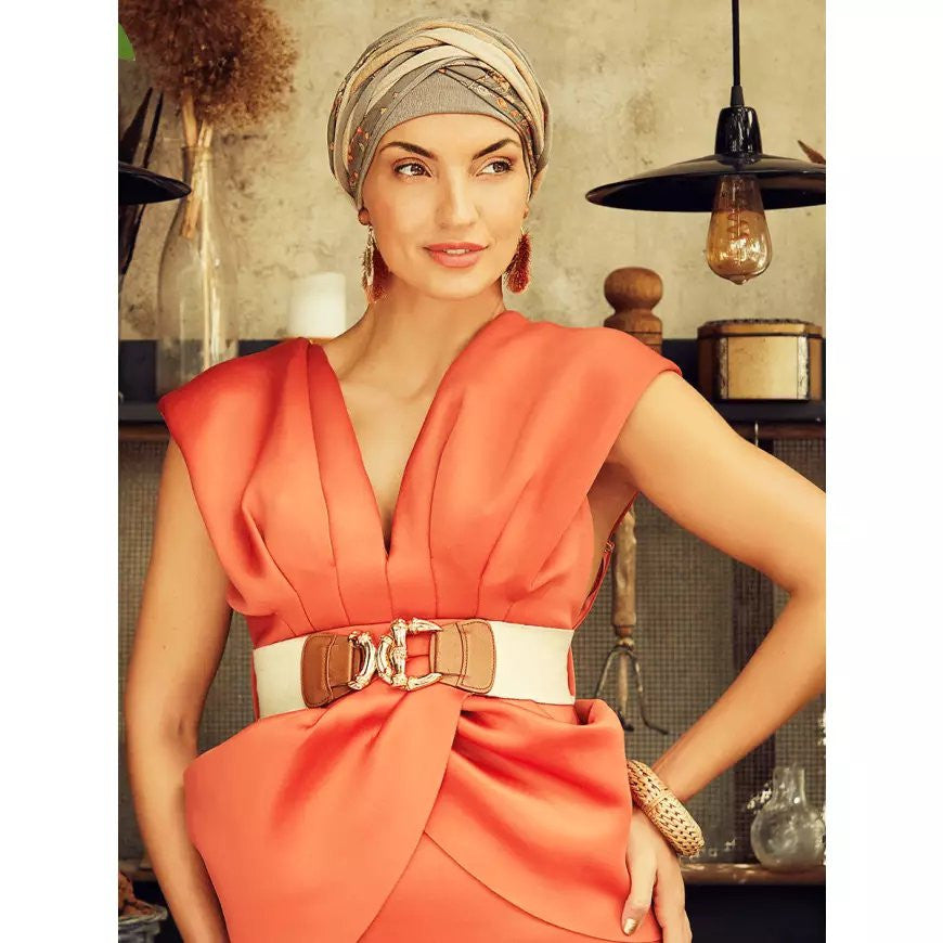 TURBAN SET BOHO SCARLETT, TAUPE & GOLDEN MIX, POLIESTER/CAPTUSEALA VASCOZA DIN BAMBUS